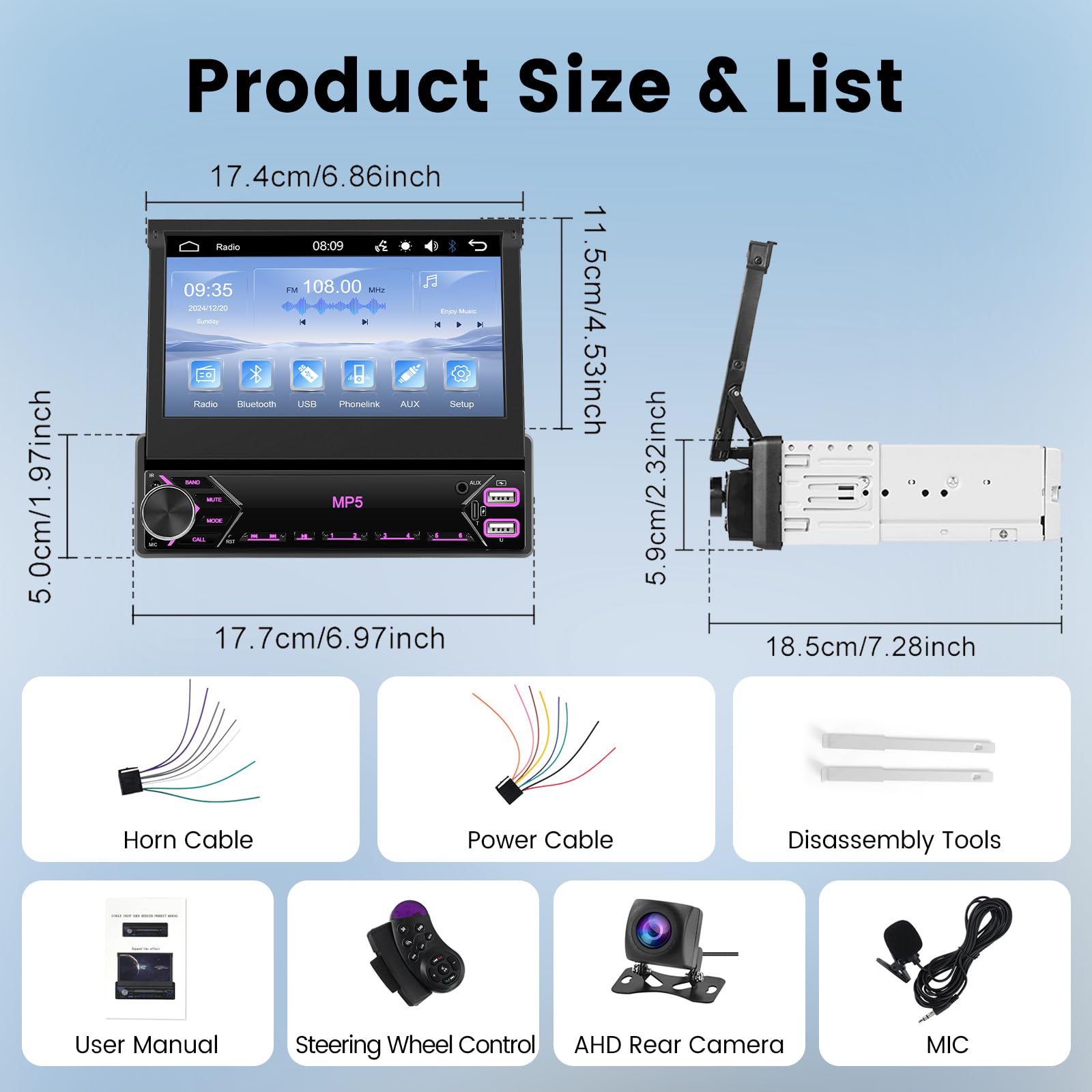 1 Din Ecran Rétractable Autoradio, Hodozzy Écran Tactile IPS de 7 Pouces Poste Radio Voiture 1 Din Bluetooth Lien Miroir, Autoradio avec Radio FM, Type-C USB AUX U-Disk, Contrôle du Volant et Caméra