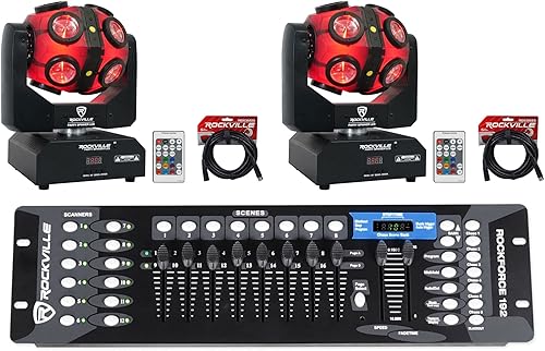 (2) Rockville Party Spinner LED RGBW Cabeza móvil DJ Lights+Controlador DMX + Cables