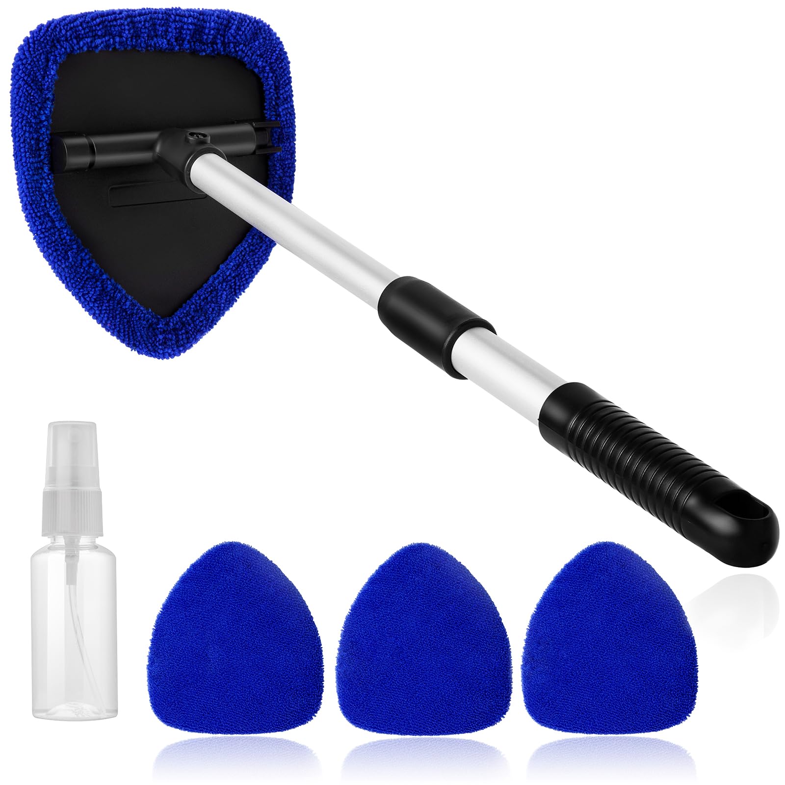 11pcs Windshield Cleaner Tool, Car Window Cleaning Wash Kit with 6 Reusable Microfiber Pads 2 Spray Bottles and Extendable Handles Auto Glass Wiper Kit, Blue
