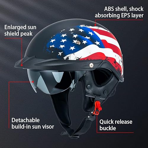 Miniatura 2 de Pit Boss Casco Medio para Motocicleta para Hombres y Mujeres, Aprobación DOT, Casco Retro de Cara Media con Visera, Estilo Crucero, Ajuste