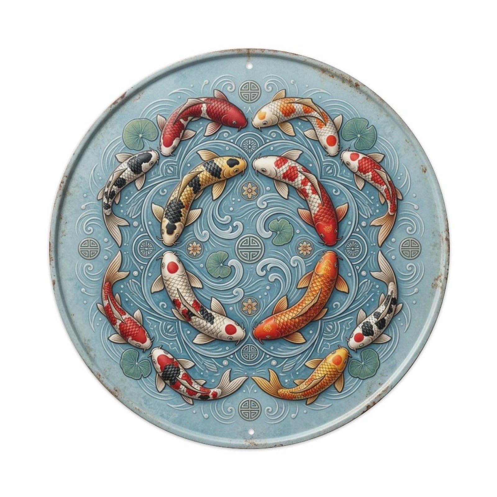 Koi Fish Circle Eternity Koi Fish Vintage Metal Tin Sign Plaque Wall Decor for Cafe, Club Bar, Office, Garden Metal Poster 8x8Inch