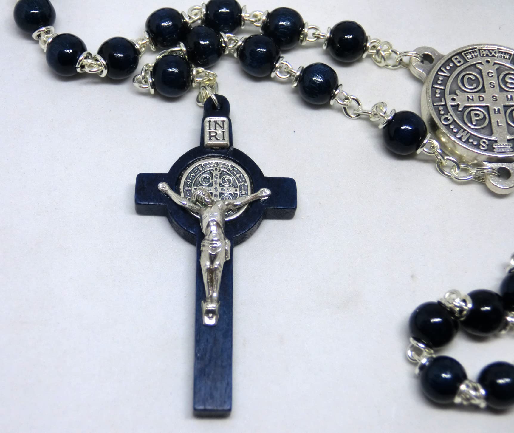 GTBITALY Blu Rosario di san benedetto in Legno 50 GRANI + 9 grani da Collo con medaglia crocera argento esorcista