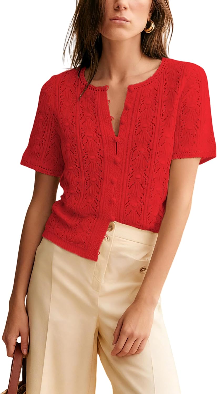 Bianstore Womens Casual Short Sleeve Crochet Knit Cardigans Lightweight Button Down Hollow Out Sweater Tops