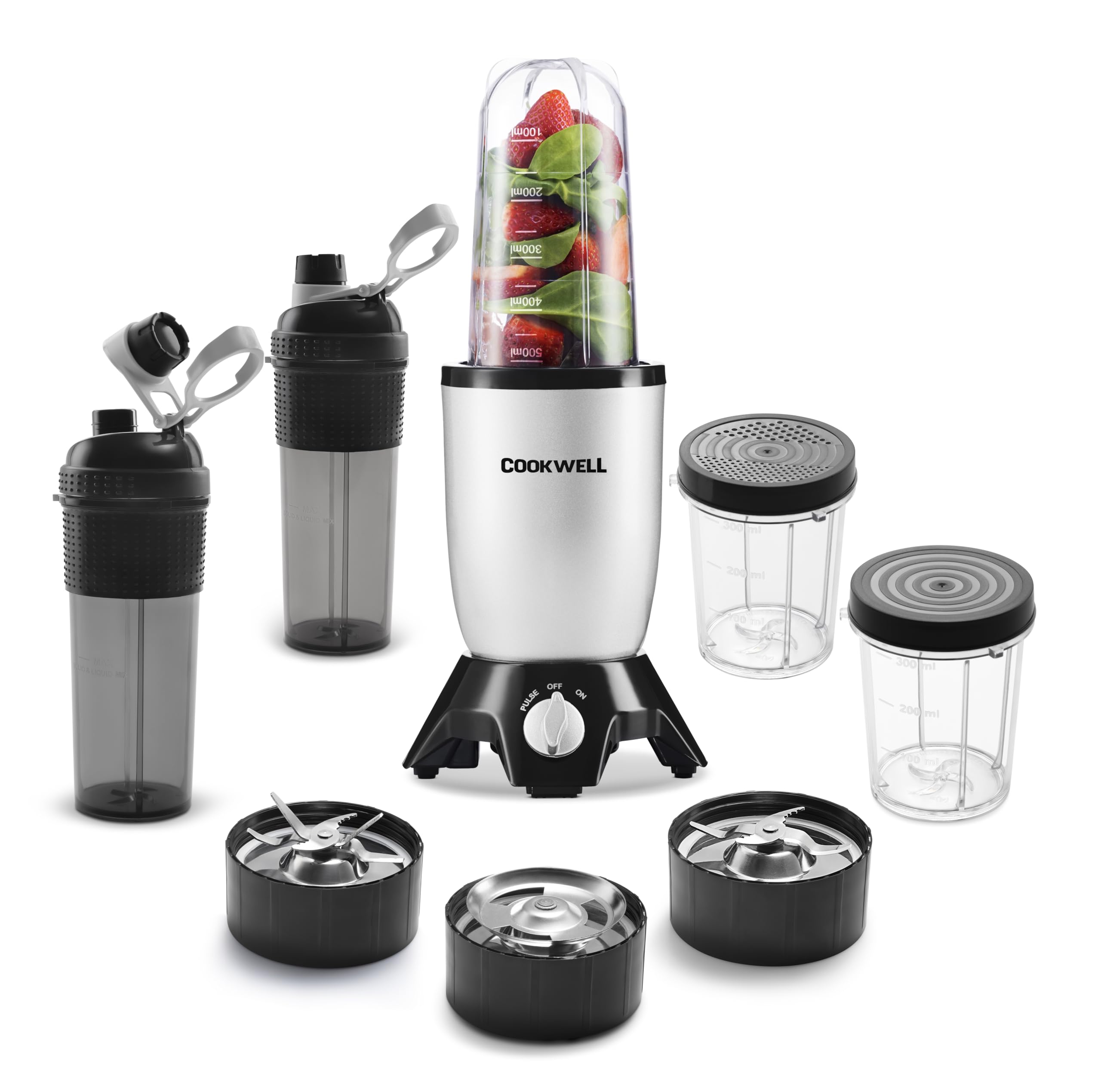 Cookwell Bullet Mixer Grinder (5 Jars, 3 Blades, Metallic Silver), 600 Watts - 2 Year Warranty