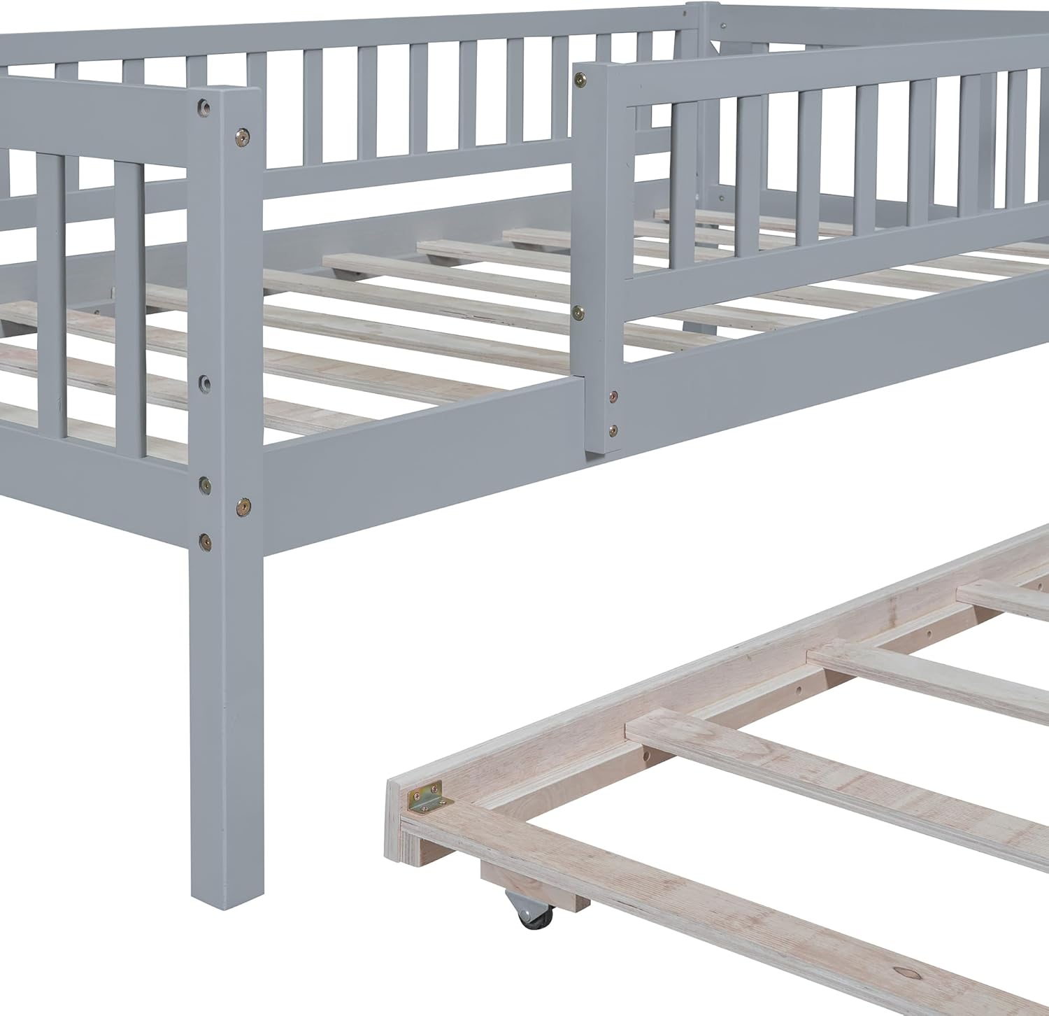 Twin Size Daybed with Trundle and Fence Guardrails, Solid Wood Day Bed Frame with Backrest and Armrest, Modern Sofa Bed Kids Bed for Living Room, Guest Room, No Box Spring Needed, Grey