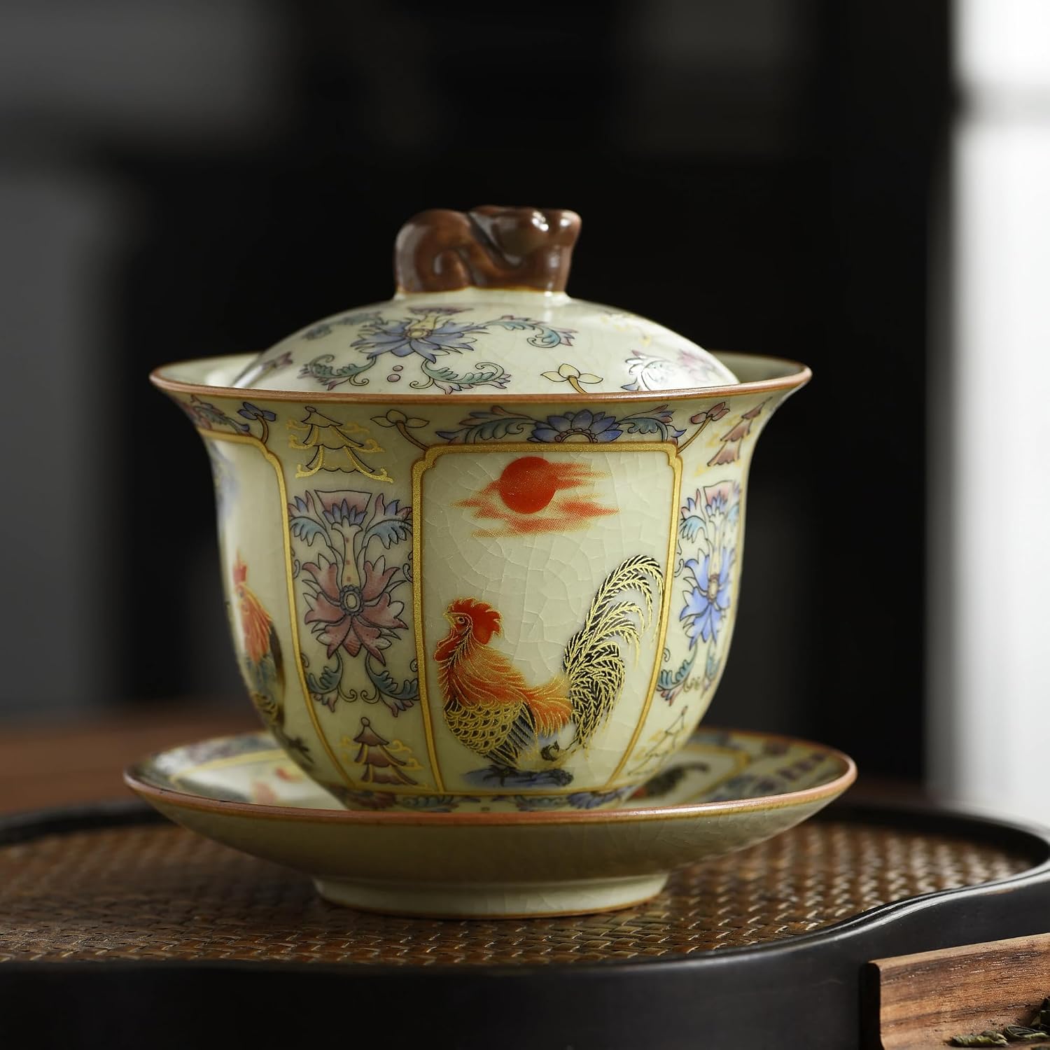 Ceramic Gaiwan Tea Cup Set with Saucer and Lid, Ru Kiln Hand-Painted Rooster & Floral Pattern, Vintage Crackle Glaze Porcelain Teacup for Gongfu Tea, Traditional Chinese Tea Ceremony Accessory, 180ml