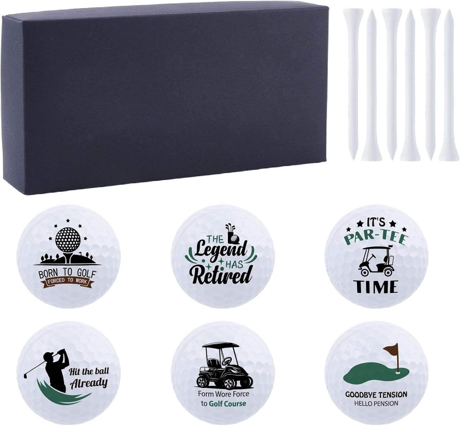 6Pcs Retirement Gifts Golf Balls Funny Set of Golf Balls with 6Pcs Tees 1.68 Inch Rubber Airflow Hollow Design Novelty Birthday Gifts with Box for Dad Mom Coworker Employee Boss Golfer