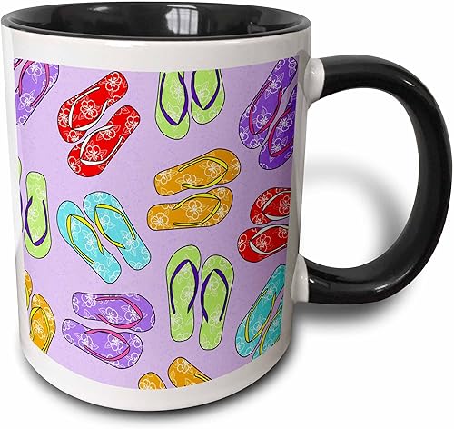3dRose mug_77539_4 Taza negra de dos tonos con estampado colorido de chanclas - Fondo morado, 11 onzas, multicolor