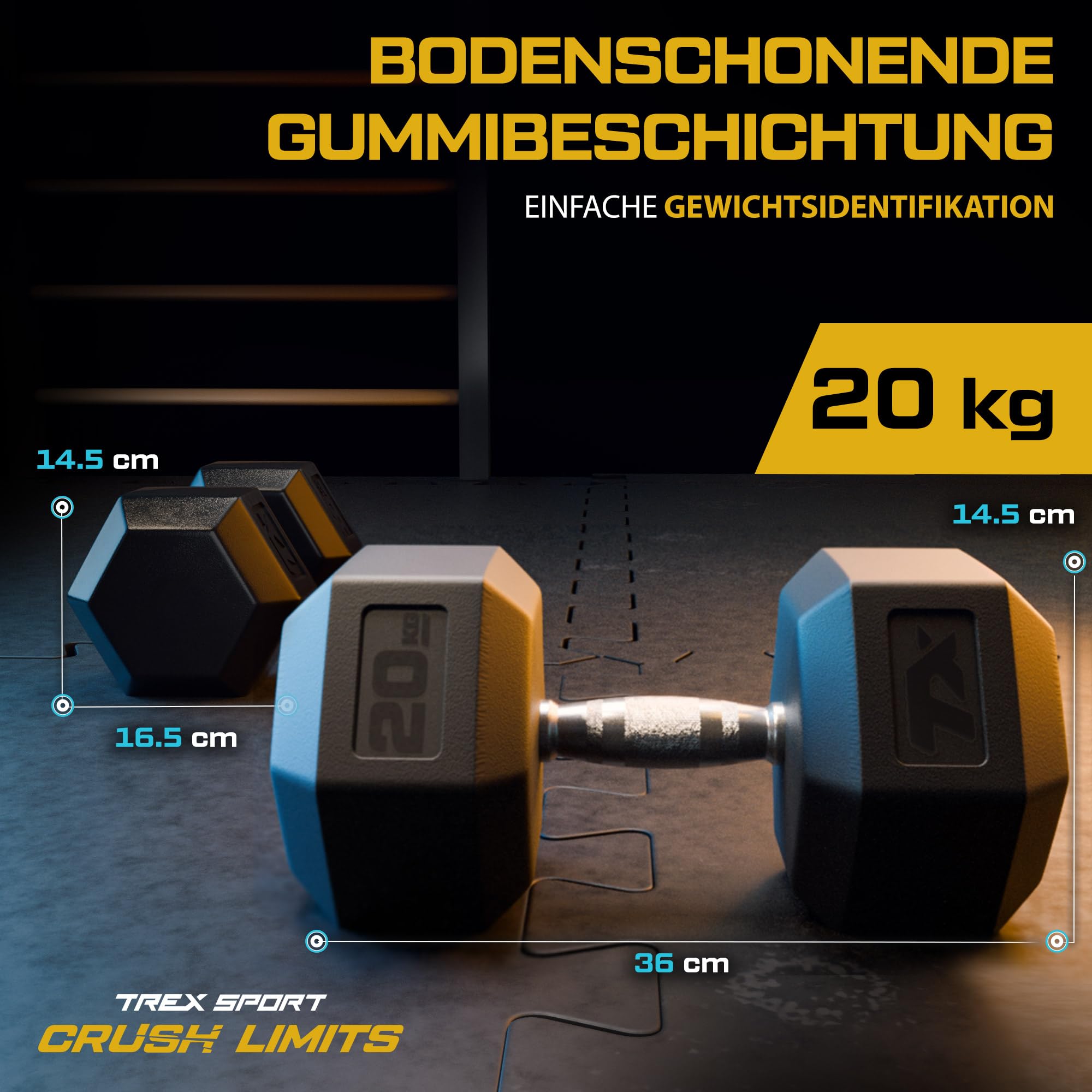 TREX SPORT Hexagon Hanteln | gummierte Kurzhanteln 2,5kg-25kg mit verchromtem Griff | Hanteln Dumbbells