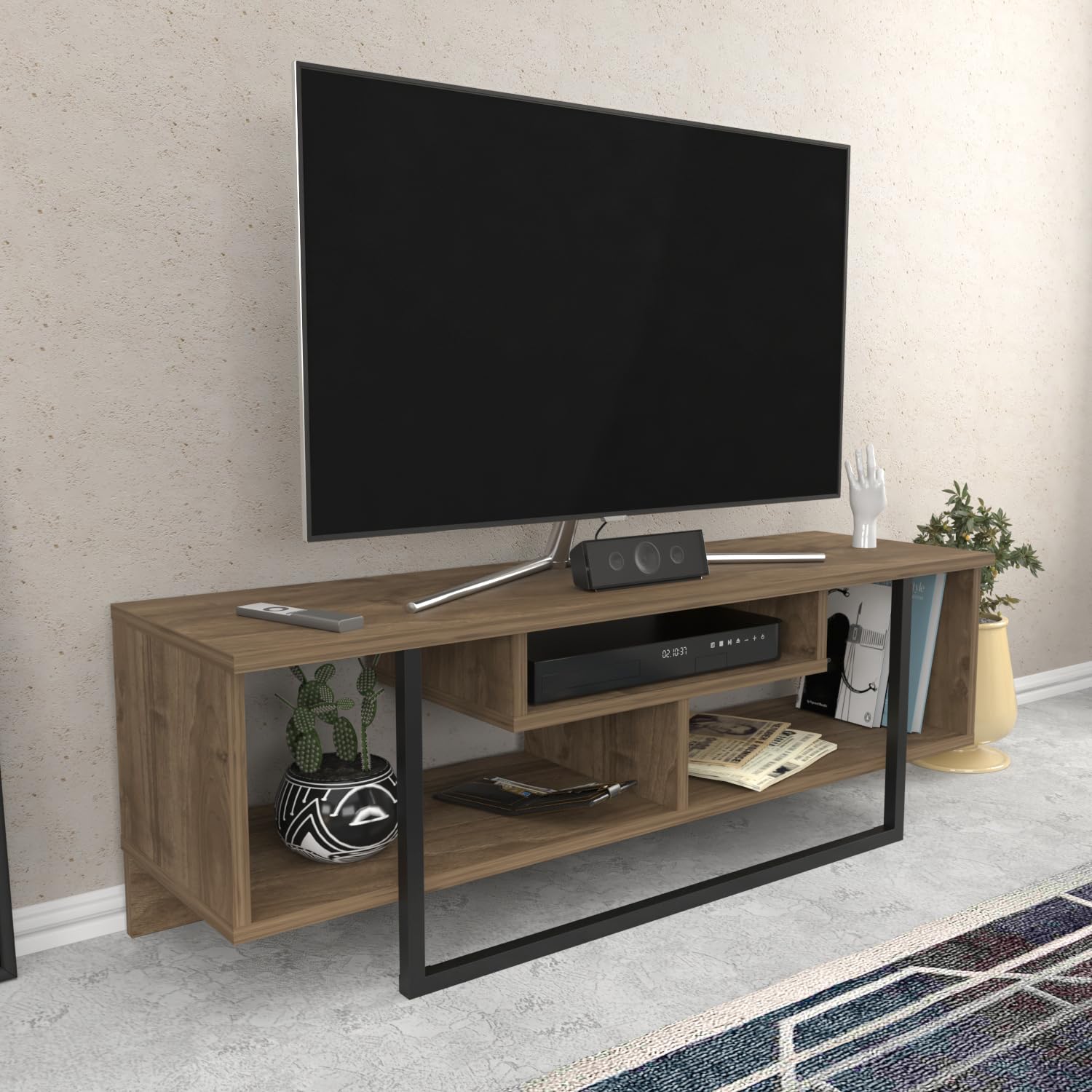 DECOROTIKA Asal Meuble TV Moderne 120 cm avec Rangement – Support TV Design pour téléviseurs jusqu'à 55'' – Noyer et Noir