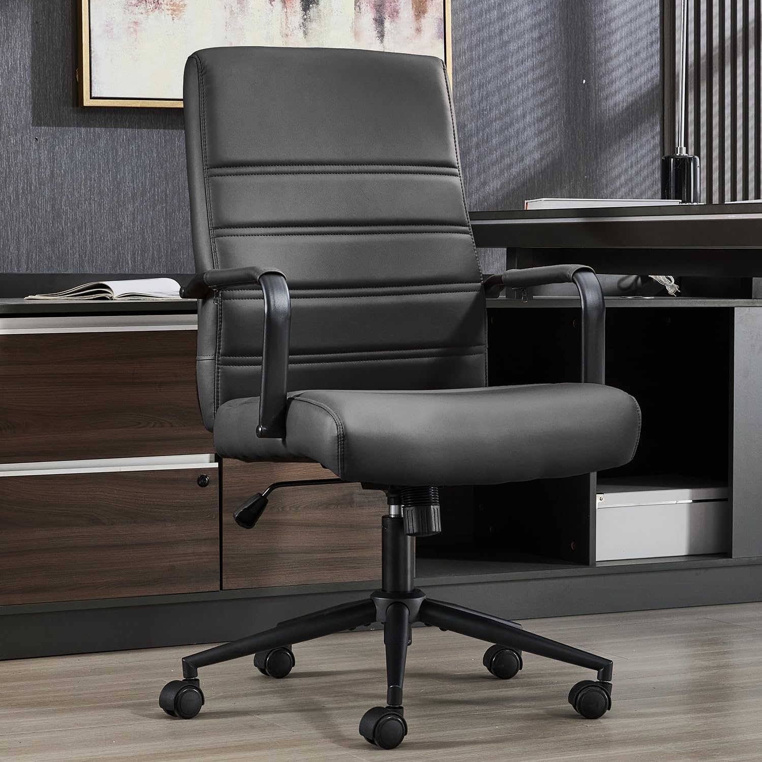 Office Desk Chair Leather, Conference Room Chairs with Wheels, Modern Executive Office Chairs Adjustable Height, Ergonomic Swivel Rolling Ribbed Computer Chair(Matte Black)