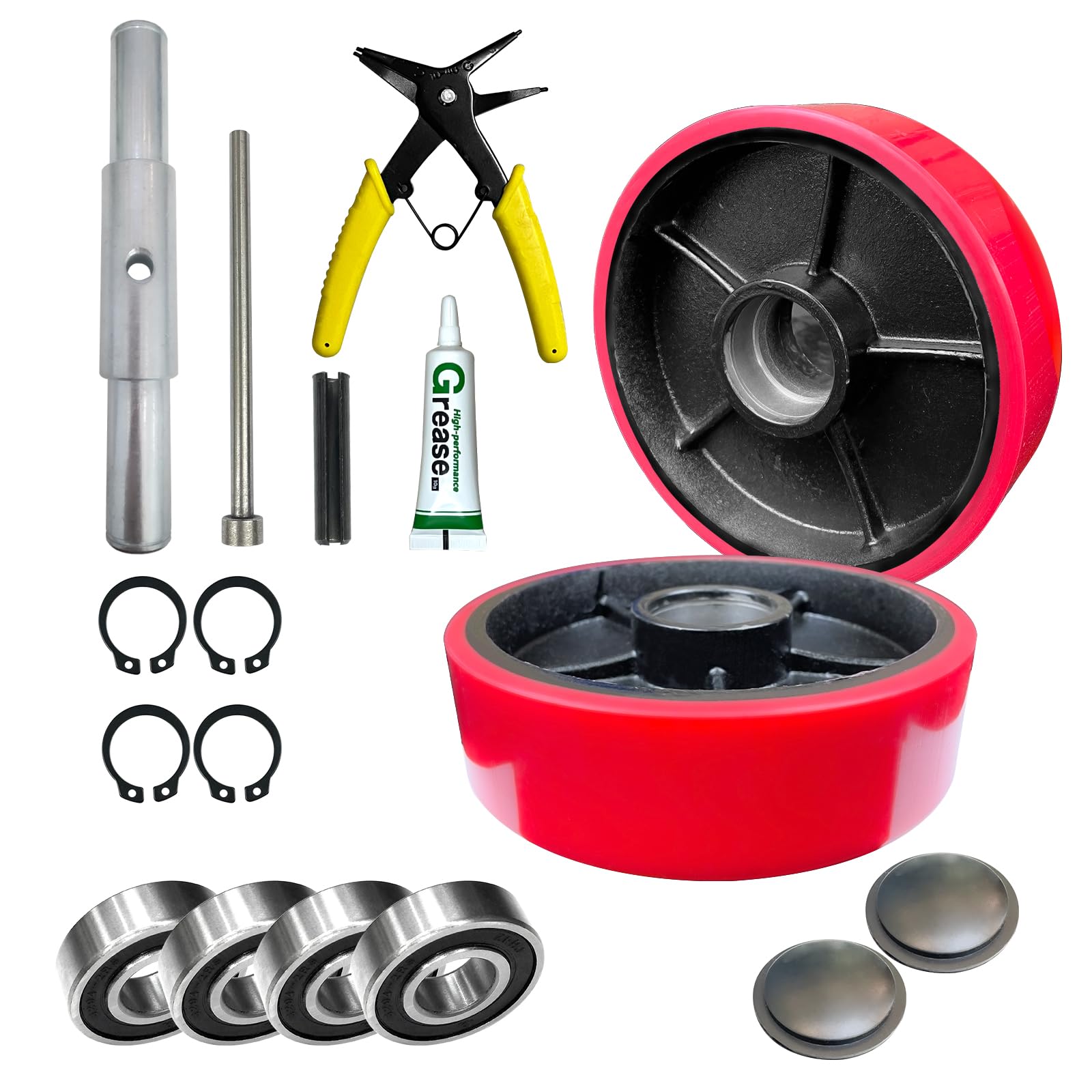 Photo 1 of ***MISSING PARTS***YATOINTO 2pcs Pallet Jack Steer Wheel Set with Axle and Protective Caps | 7" x 2" with Bearings ID 20mm Poly Tread Red Pallet Jack Back Steer Wheel Replacement Kit, Tool Kit Included