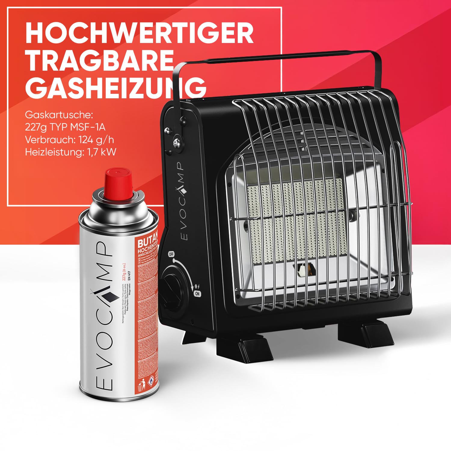 EVOCAMP tragbare Gasheizung und Gaskocher 2-in-1, Camping Heizung 1,7 kW, multifunktionale Keramikheizung, perfekte Gasheizung für Outdoor, Heizstrahler, Zeltheizung
