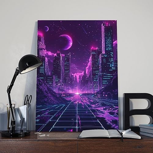 Miniatura 8 de Retro-Futurism Vaporwave Wall Art  Neon Synthwave Poster, 80s Sci-Fi Aesthetic Cityscape Print Canvas Art Poster And Wall Art Picture Print Modern