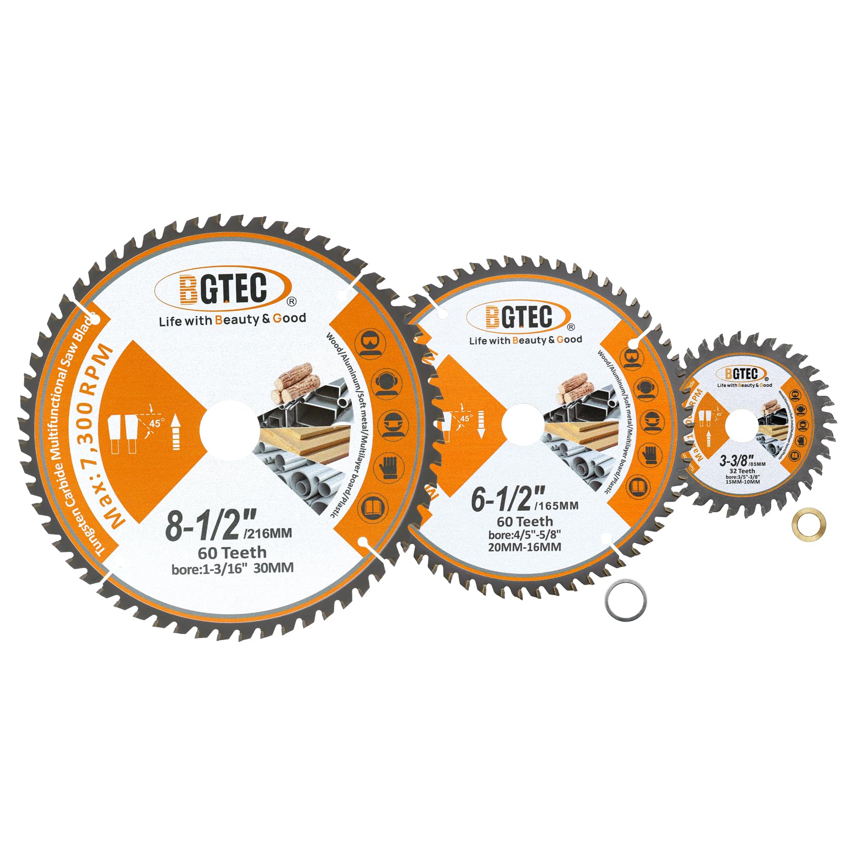 TCT Circular Saw Blade - Carbide Tipped Teeth General Purpose 85MM, 165MM, 216MM Cutting Dics for Wood Aluminium Plastic Copper BGTEC, 3 Pack