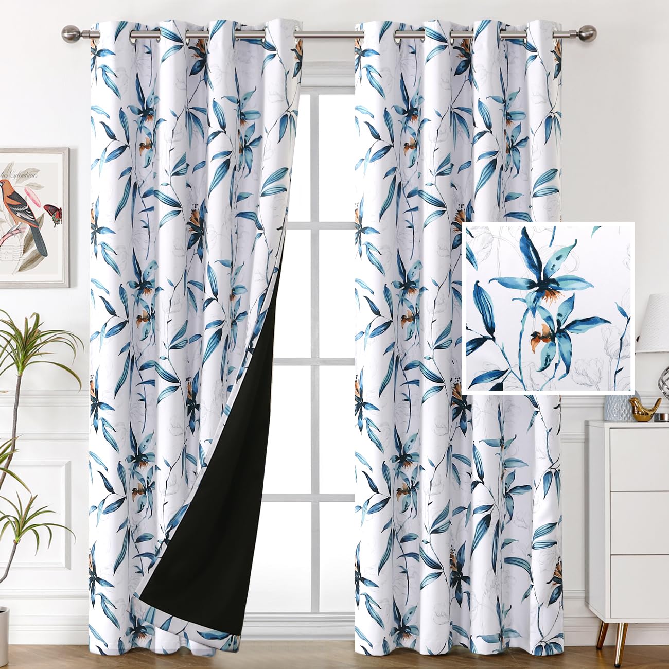 H.VERSAILTEX 100% Blackout Curtains 84 inch Length 2 Panels Set Printed Drapes Thermal Insulated Curtains for Bedroom with Black Liner Sound Proof