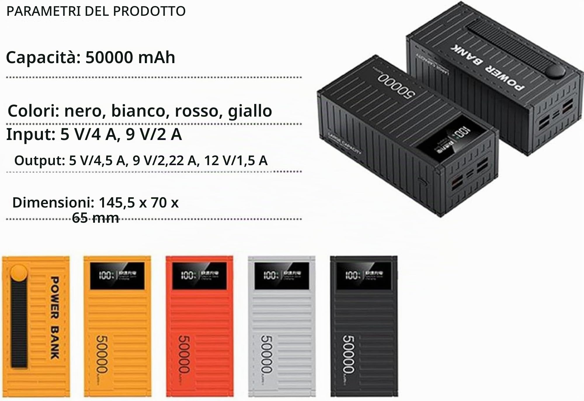 Power Bank/66 W ricarica super veloce 100000 mAh contenitore con display digitale Power bank 1w20.000 alimentatore mobile di grande capacità per esterni (20000 mAh/giallo)