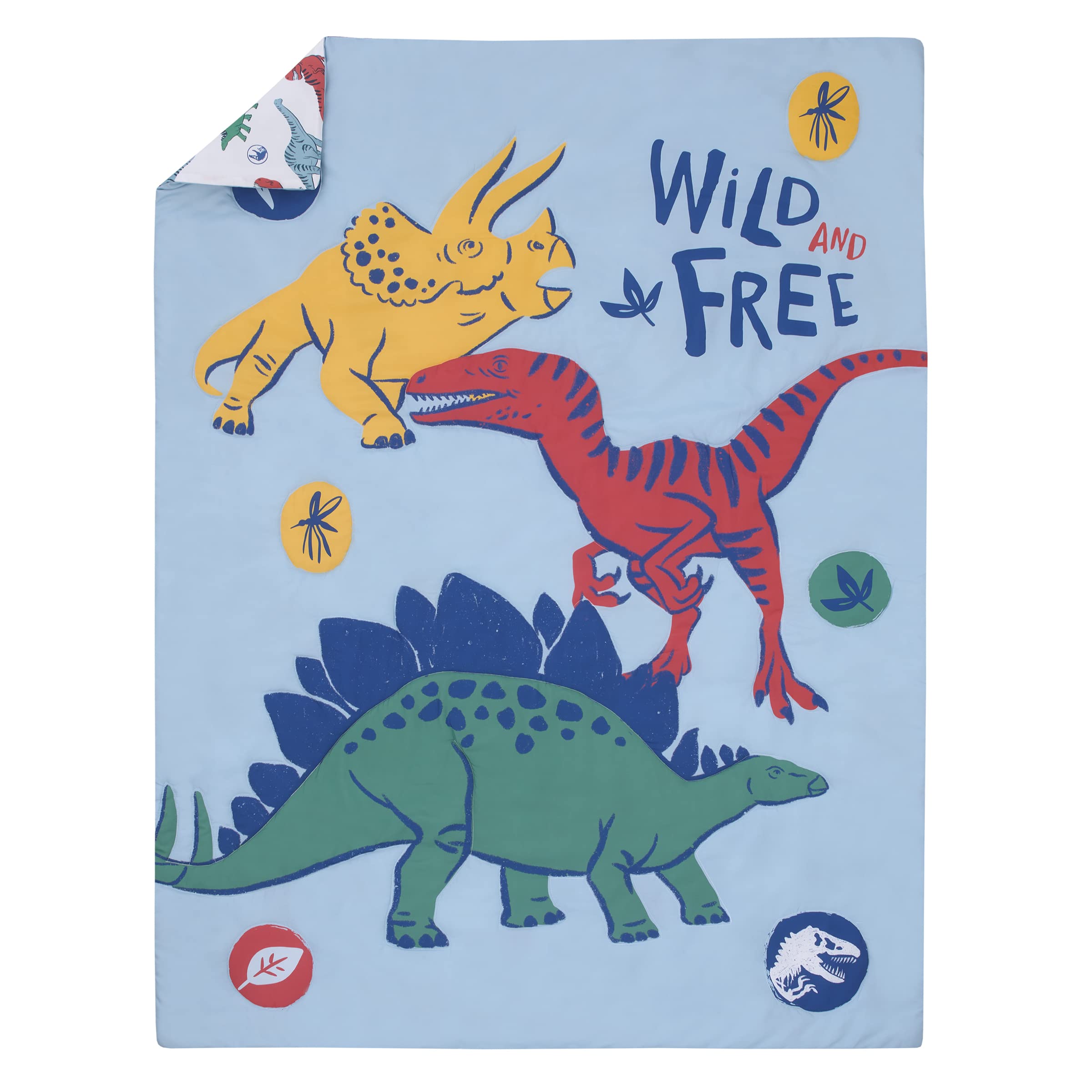 NoJo Universal Jurassic World Wild and Free Blue, Green, and Yellow Dinosaur 4 Piece Toddler Bed Set - Comforter, Fitted Bottom Sheet, Flat Top Sheet, Reversible Pillowcase