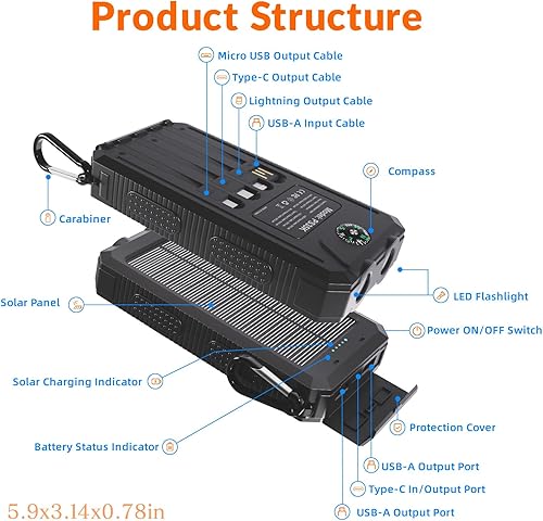 Miniatura 9 de Cargador solar de batería de 20,000 mAh, cargador de teléfono portátil, 4 cables para exteriores, impermeable, cargador de energía de respaldo