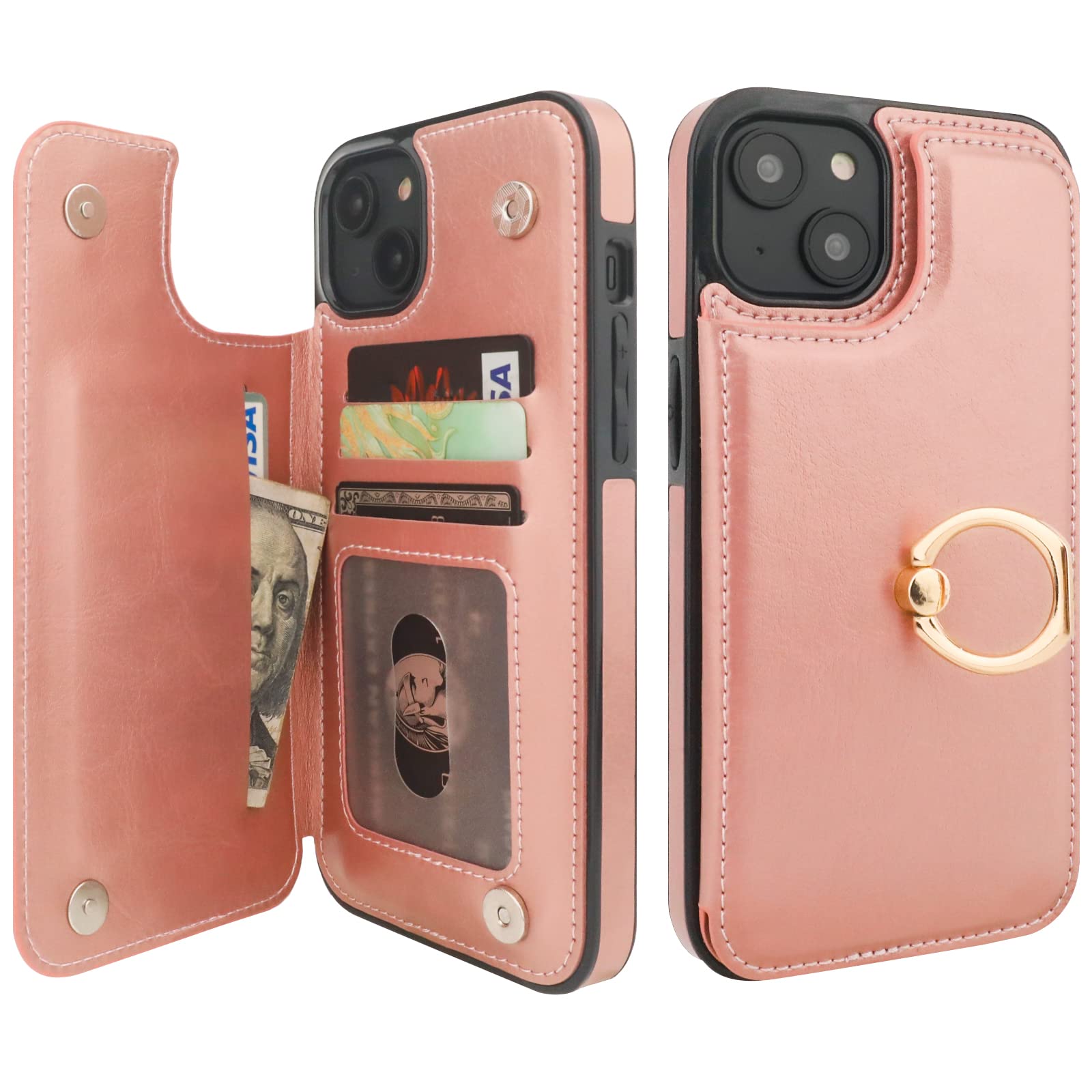 ONETOP for iPhone 14 Plus Wallet Case with Card Holder, 360° Rotation Ring Kickstand RFID Blocking PU Leather Double Magnetic Clasp Shockproof Cover