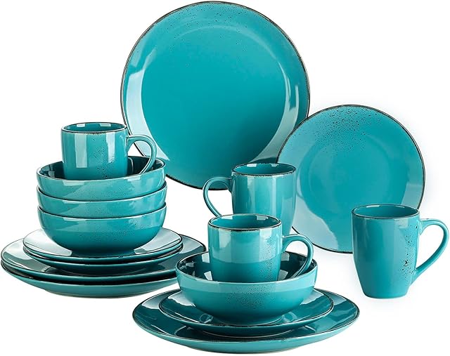 vancasso Navia Oceano Dinner Set, Stoneware Vintage Look Sea Blue Dinnerware Tableware, 16 Pieces Dinner Service Set for 4, Include Dinner Plate, Dessert Plate, Cereal Bowl and Mug