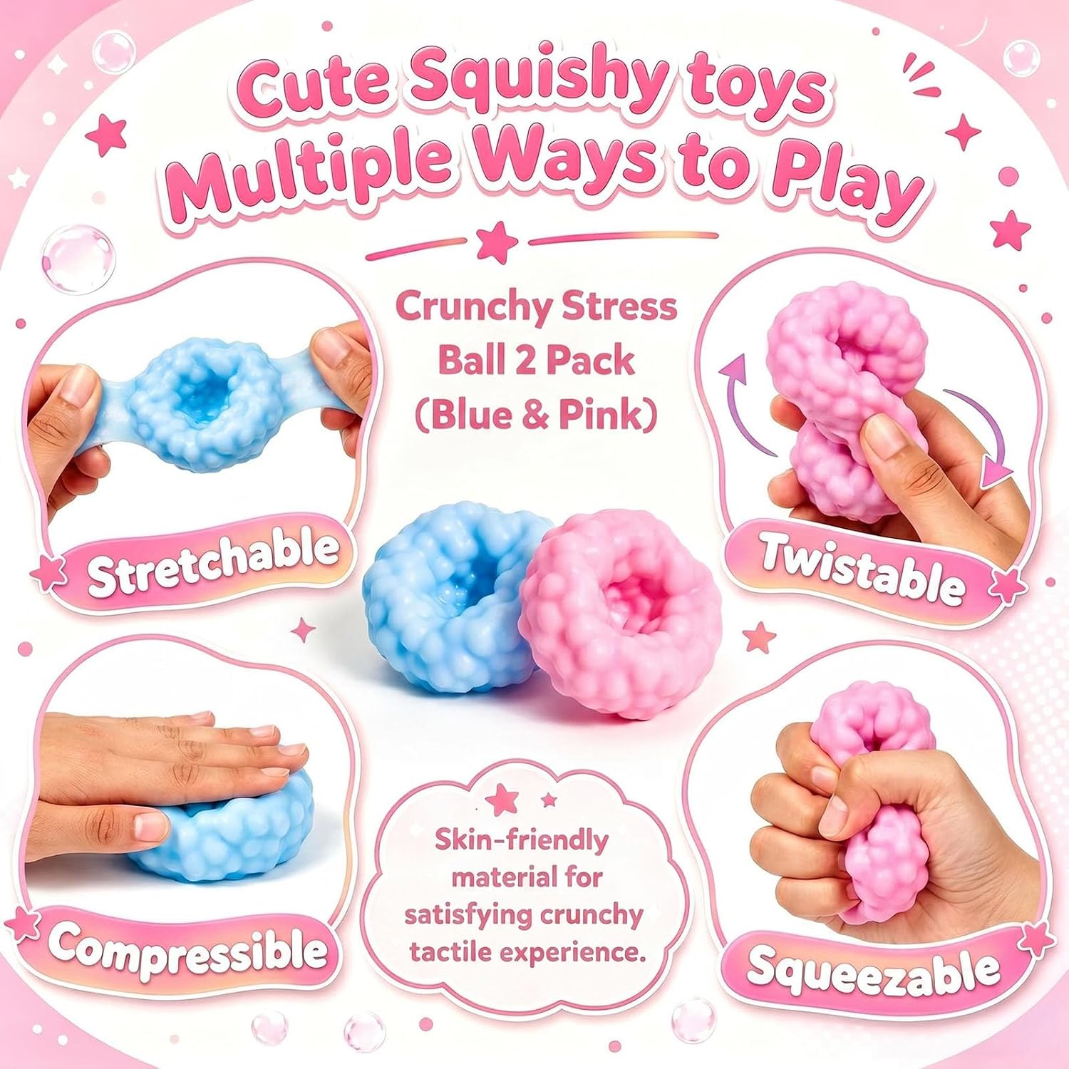 2 Pack Crunchy Noisy Squishy ASMR Stress Balls, Slush Textured Sensory Toys Set, Stress Relief Toys for Kids Adults, Squeezee Sensory Toys, Birthday Xmas Gifts for Girls & Boys
