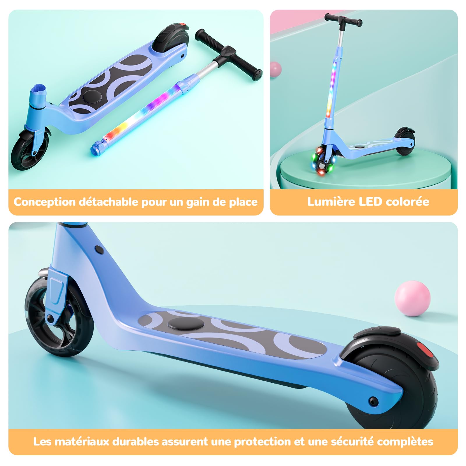 SISIGAD - Patinete eléctrico Infantil de 6 a 8 a 10 años, Scooter eléctrico de 5,3 Pulgadas, con luz LED Colorida y 3 Alturas Ajustables, Patinete Infantil, Velocidad máxima 10 km/h, Carga máxima 70