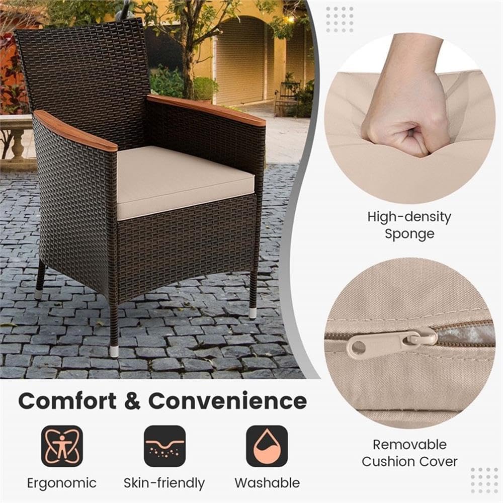 Pemberly Row 9-Piece Patio Wicker Dining Set, Acacia Wood Table with Umbrella Hole, Brown Finish, Weather-Resistant PE Rattan Chairs with Cushions, Outdoor Furniture for Garden, Deck, or Patio Use