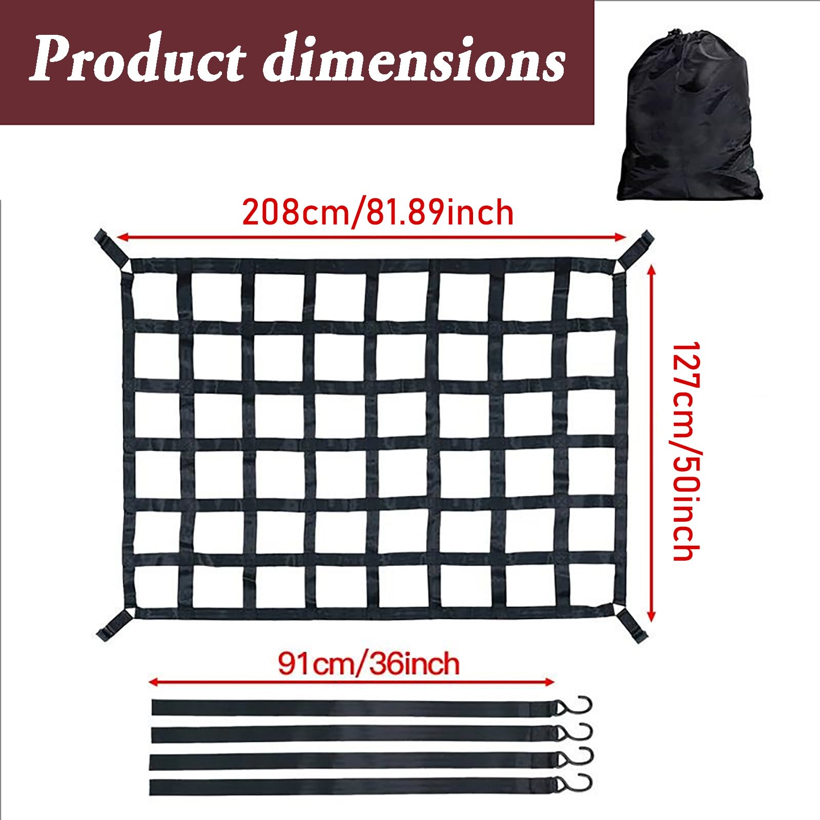 Red De Carga Pesada,208x127cm,Resistente a Las Grietas,4 Correas,Adecuado para Camiones,Remolques,Camionetas,SUV,Etc.,Negro