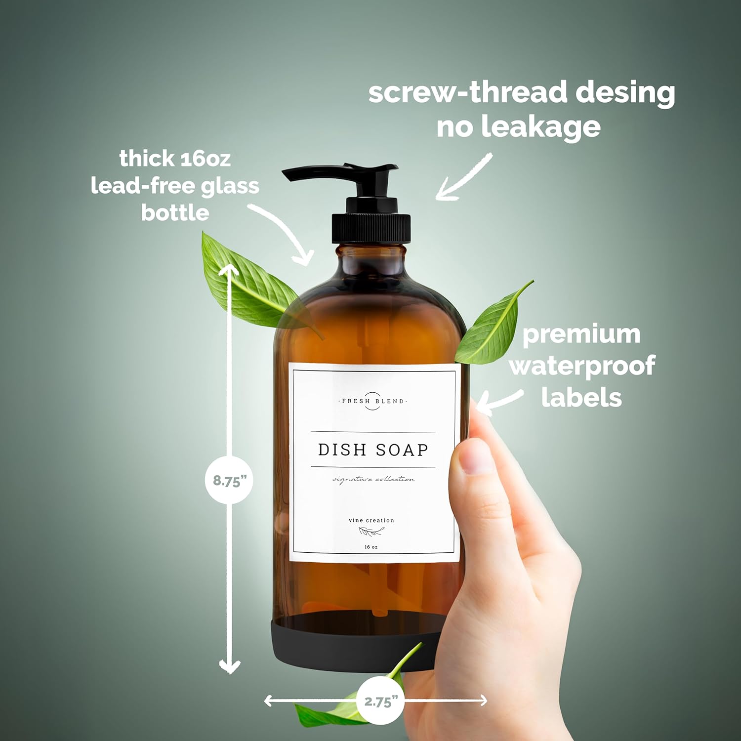 Vine Creations Amber Glass Soap Dispenser, 2 Pack Kitchen Soap Dispenser Set with Rustproof Pump, 16 oz Dish Soap and Hand Soap Dispensers for Bathroom with Waterproof Labels - Image 6