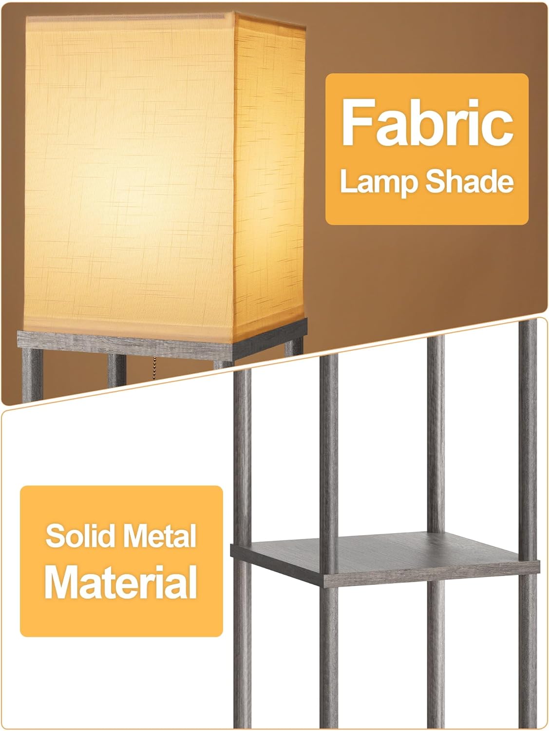 Floor Lamp with Shelves for Living Room 2 Pack Oak Gray, Shelf Floor Lamp with 3 CCT LED Bulb, Corner Display Standing Column Lamp Etagere Organizer Tower Nightstand with White Linen Shade for Bedroom