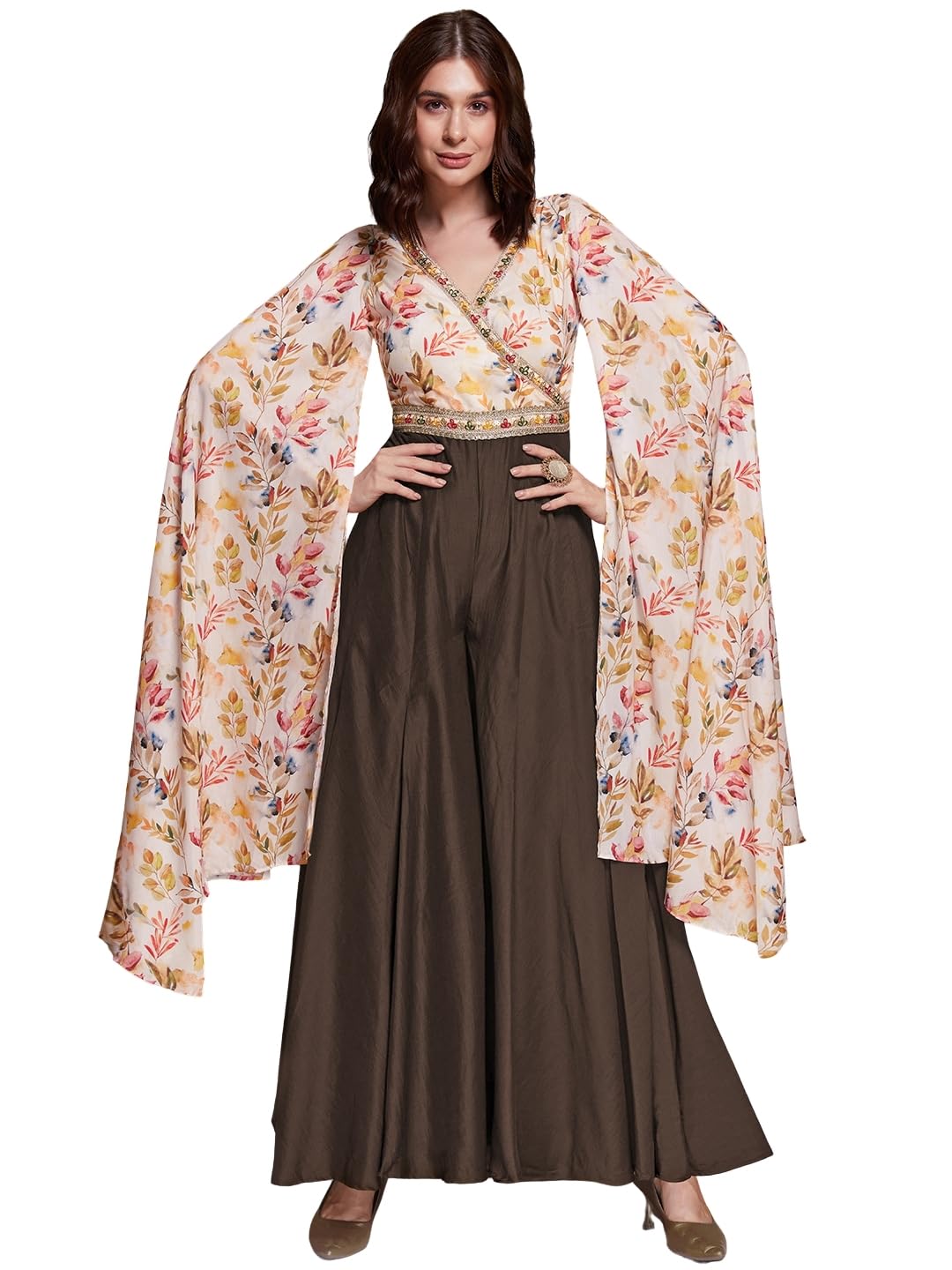 fusionic Elegant Multi-Color Maslin Jumpsuit with Flared Palazzo and Cape Sleeves-picture-13