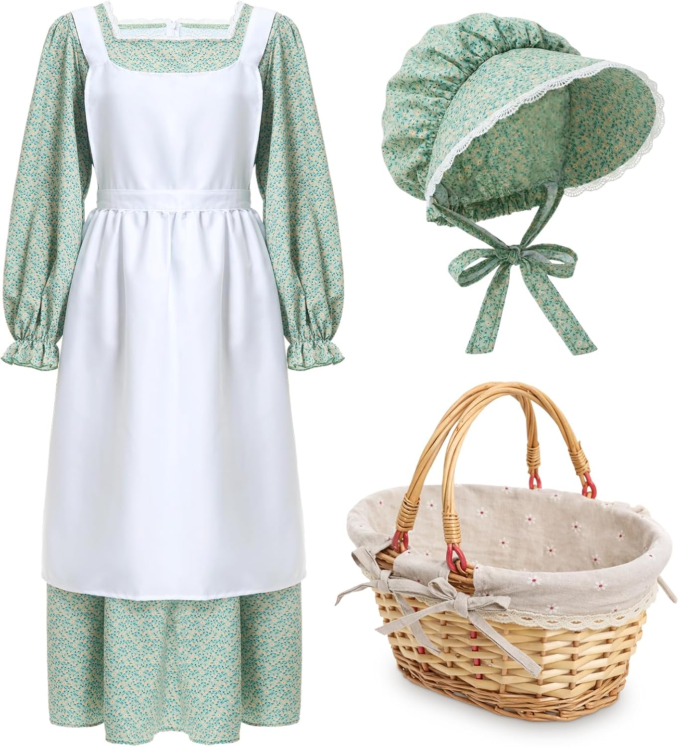 Hercicy Women Colonial Prairie Costume Floral Pattern Outfit 1900s Amish Dress with Hat Apron and Hand Basket for Adult