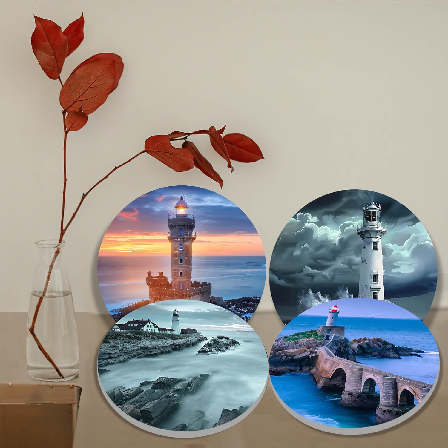 TUMOVO Portl&Head Lighthouse Art Burn Covers for Electric Stove Kitchen Decor Seascape Pattern Round Burner Stormy Sea Scenery Gas Stove Burner Covers,Metal Burner Cover Set of 4 Gilt(Blue),10''x10'