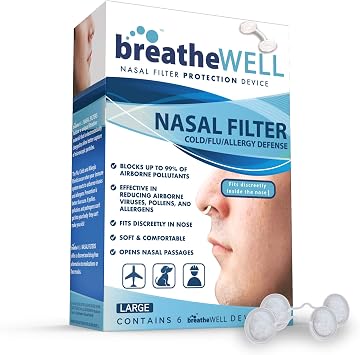 Nose Filters, Nasal Filter Protection Device for Allergy Defense, Discreet Nasal Dilator, Helps Shield Against Airborne Irritants, Pollutants, Dust & Pet Dander, Large, 6 Count