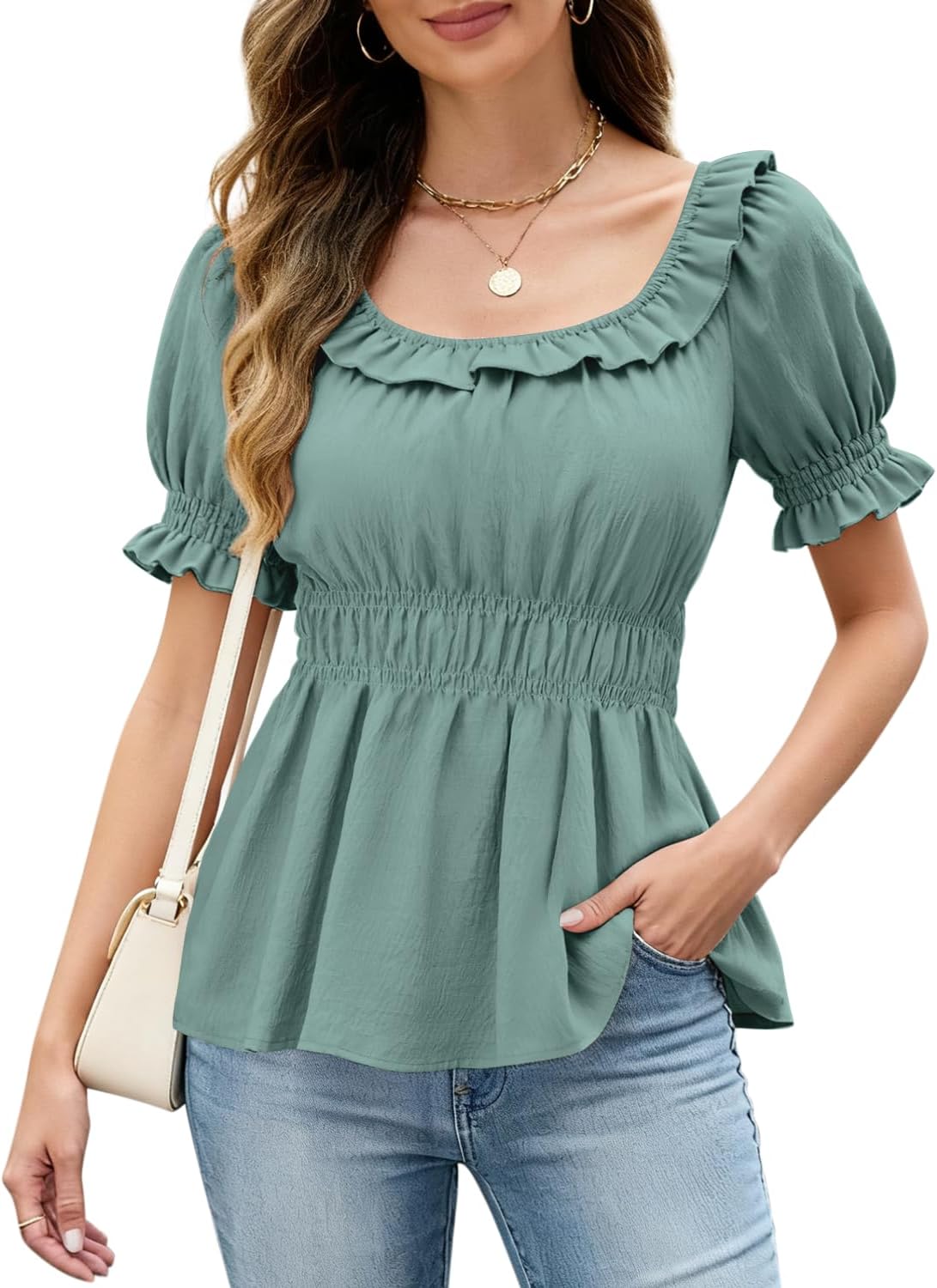 Womens Short Sleeve Babydoll Tops Square Neck Ruffle Peplum Blouse Smocked Loose Fit Tunic Top Dressy Tee Shirts