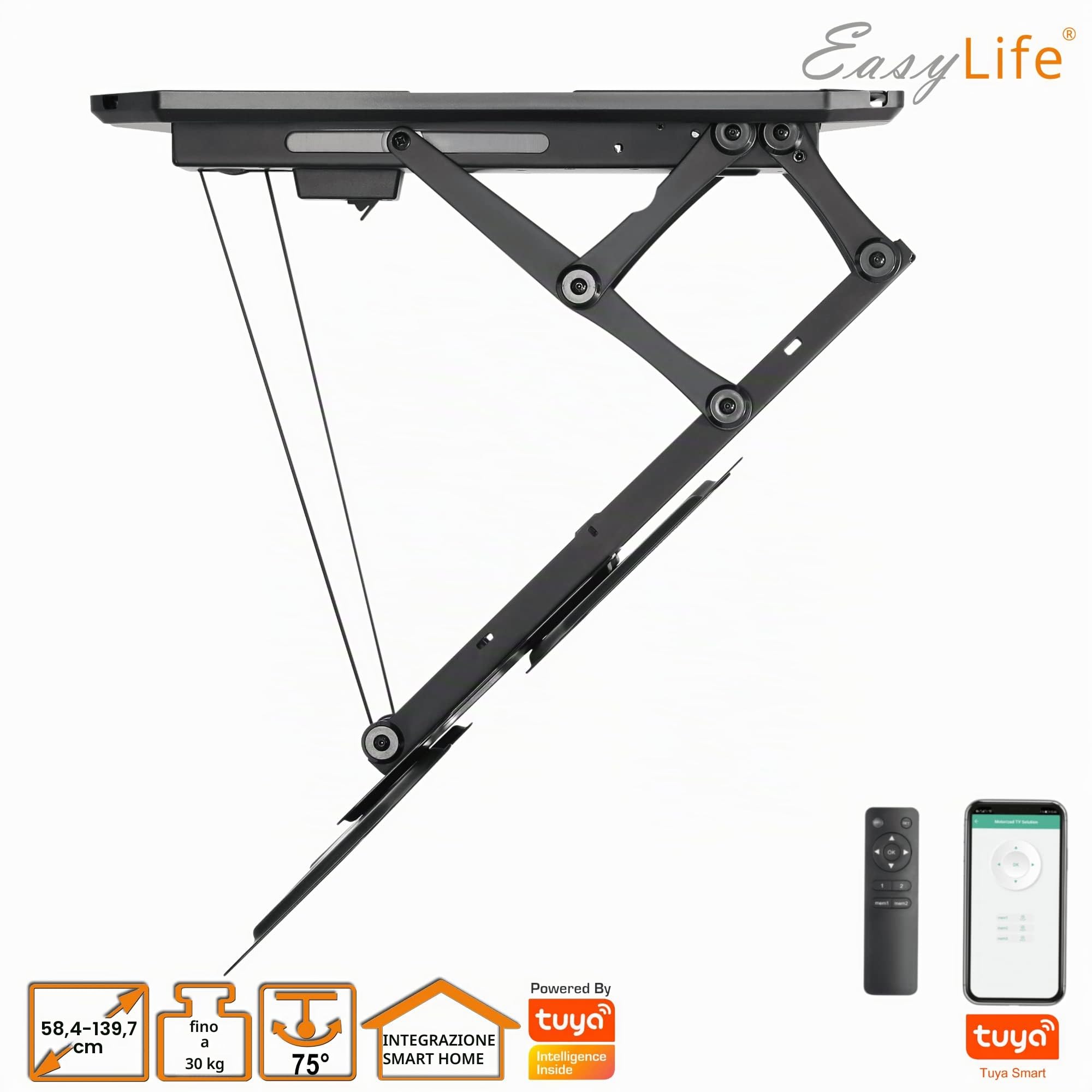 EasyLife Supporto da soffitto per TV girevole elettrico + integrazione Smart Home, staffa VESA fino a 400x400 per TV LCD/OLED, Monitor, Display, Smartboard, 23-55 pollici + 30 kg - Nero