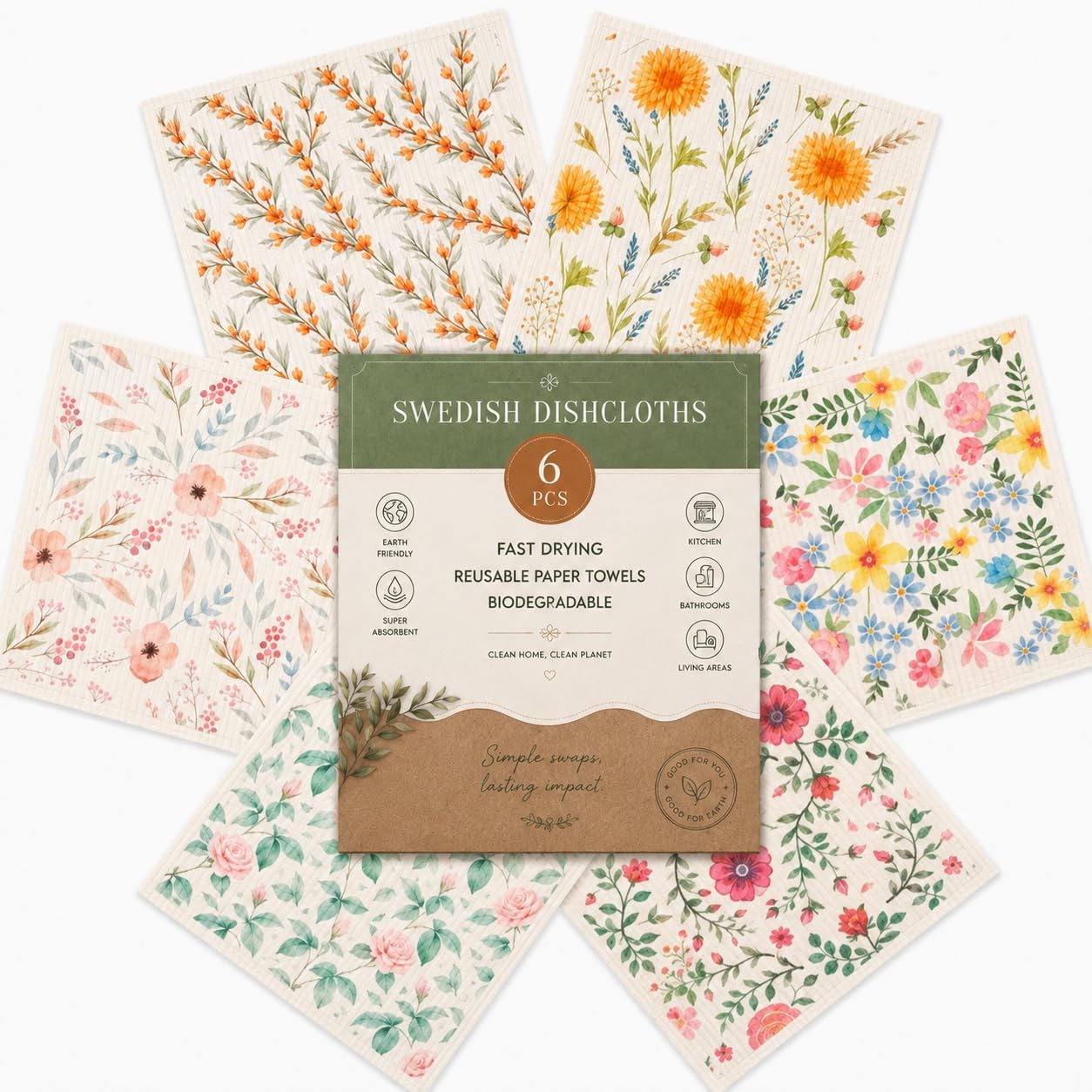 Swedish Dishcloths for Kitchen, 6 PCS Reusable Eco-Friendly Cleaning Cloths