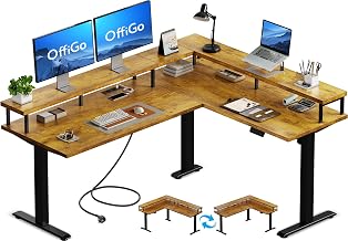 OffiGo Corner Desk, Height Adjustable, 150 x 120 cm, Height Adjustable Desk with Socket, Electric Desk, L Shape with Monitor Stand, Brown