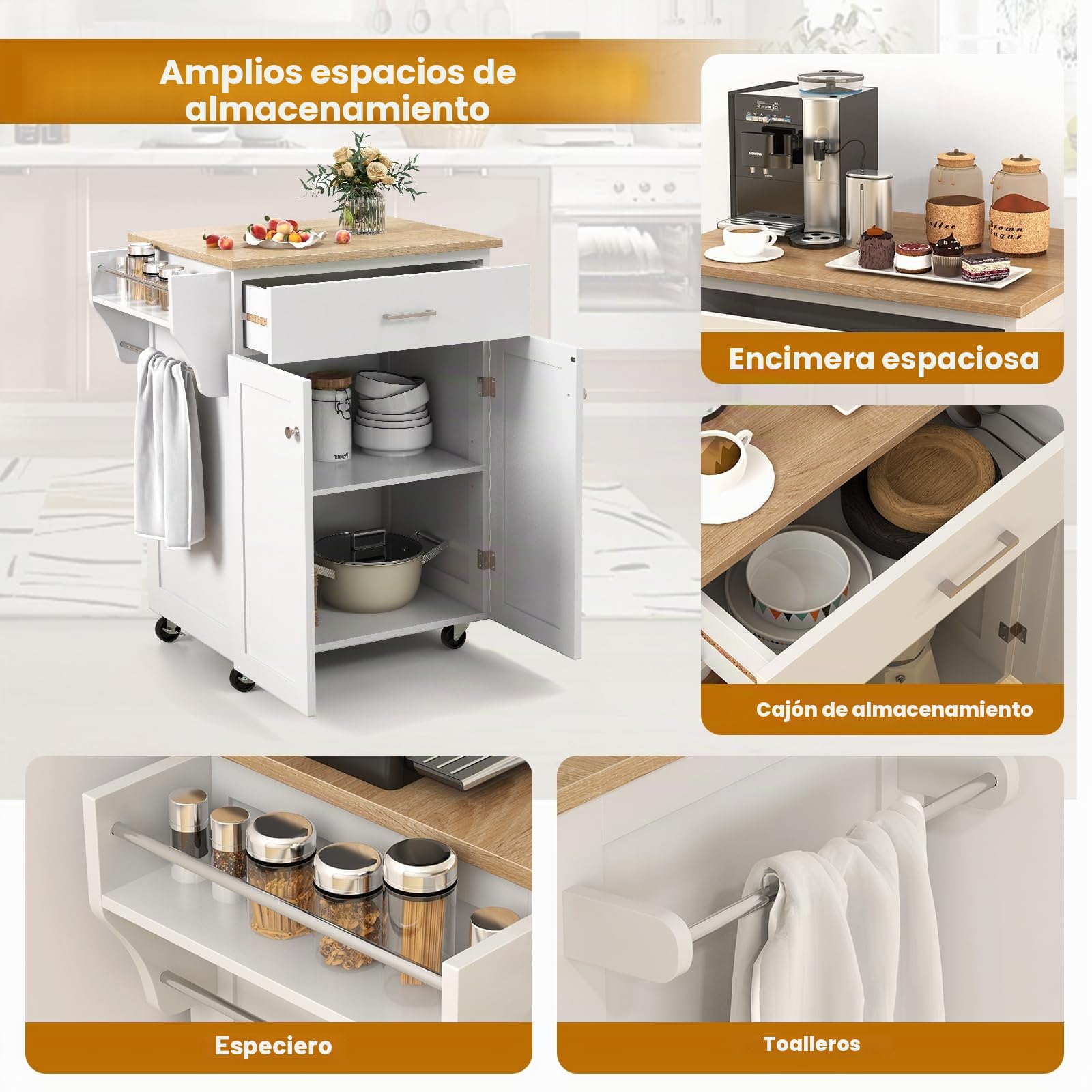 KOMFOTTEU Carrito de Cocina con Ruedas, Carro de Servicio con Cajón, Armario con 2 Puertas, Especiero y Toallero, Isla de Cocina con Estante Ajustable, para Comedor, Bar, 83 x 48 x 91 cm, Blanco