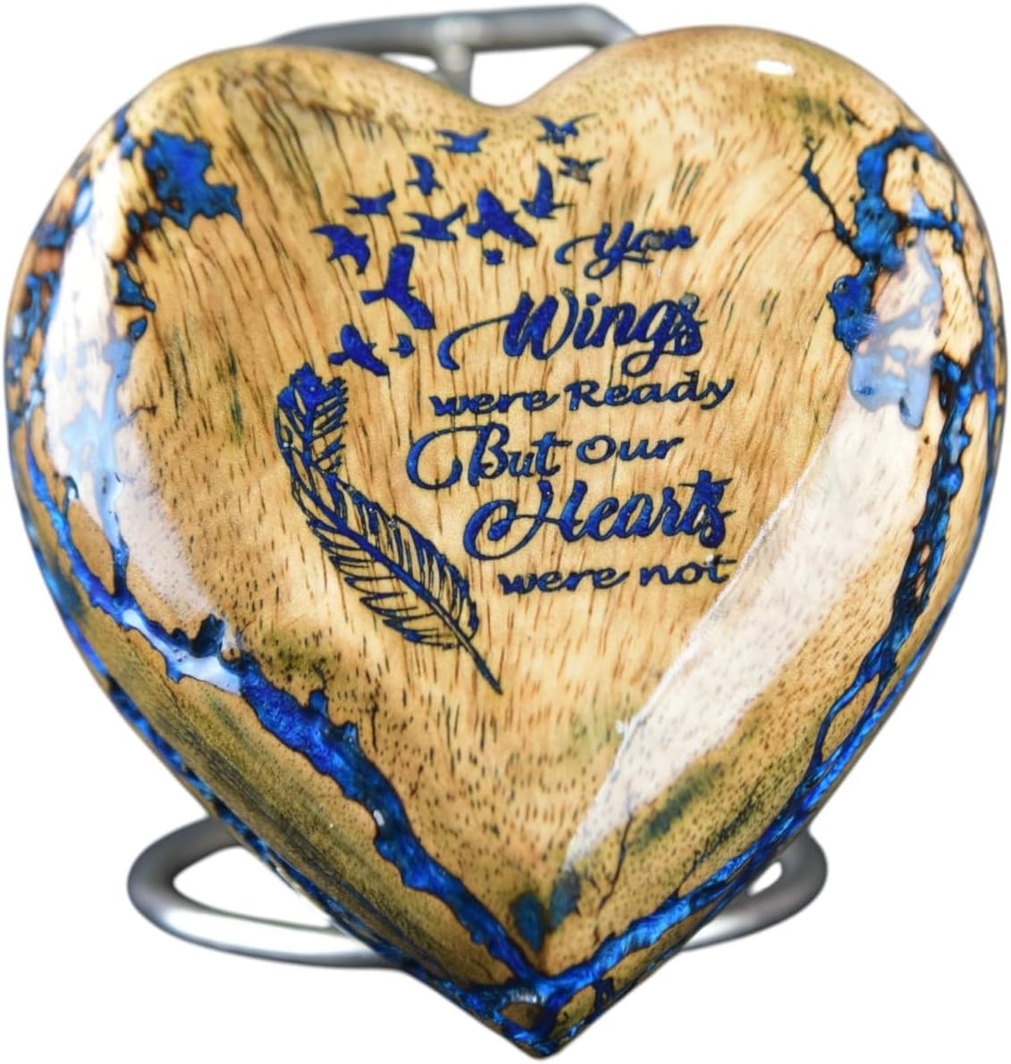 Handmade Heart Keepsake Urn with Engraved Quote & Blue Resin Inlay – Memorial Urn for Human or Pet Ashes (Small - 6 Cub/inch)