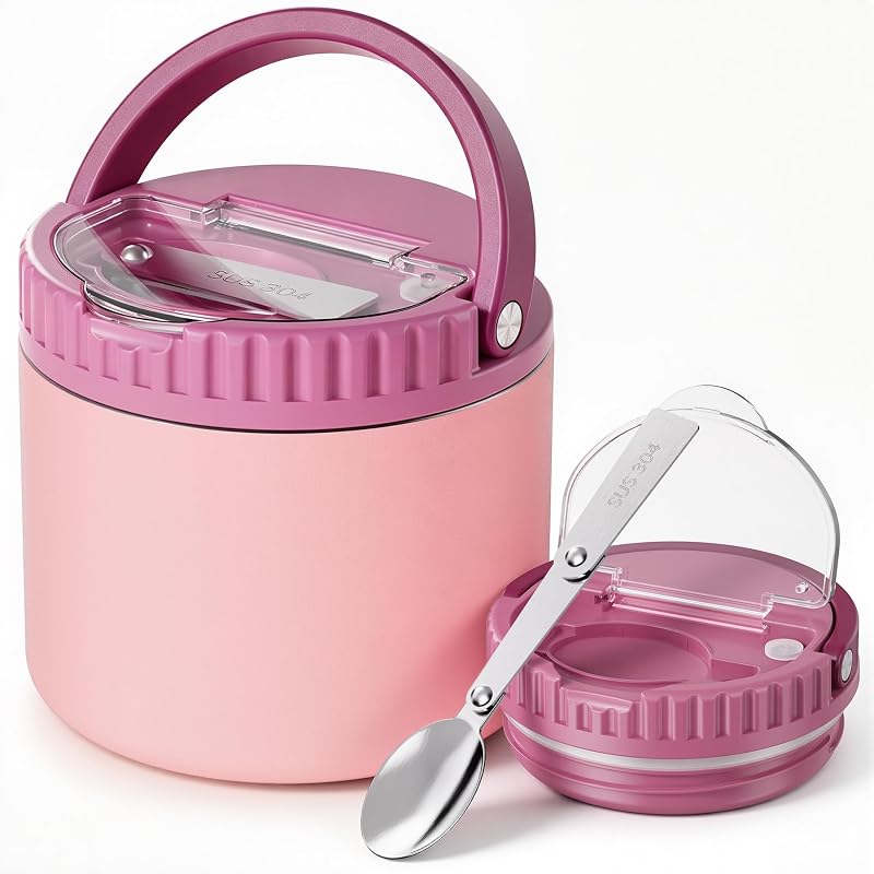12oz Thermo for Hot Food Kids,Wide Mouth Insulated Vacuum Food Container with Foldable Spoon,Leak-Proof Stainless Steel Lunch Soup Thermo for Kids School Travel(Pink)