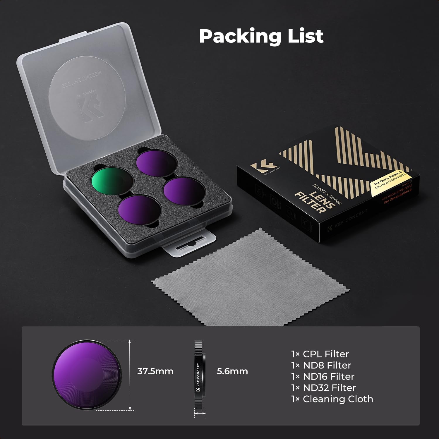 K&F CONCEPT ND Filter Kit Compatible with DJI Osmo Action 6, 4 Pack CPL ND8 ND16 ND32 Screw On Polarizing Neutral Density Filters HD Optical Glass/Multi-Coated Action Camera Accessories