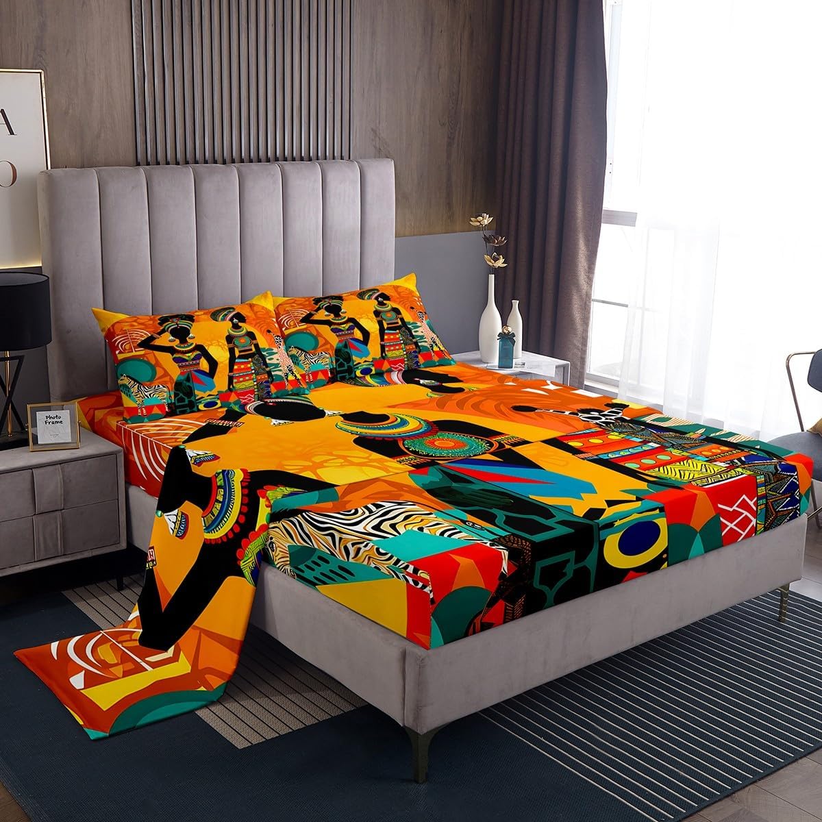 Feelyou Black Woman Bedding Set King Size Ethnic Afro African Sheets Traditional Exotic Bed Sheet Set Tribal Fitted Sheet Set with 2 Pillowcases