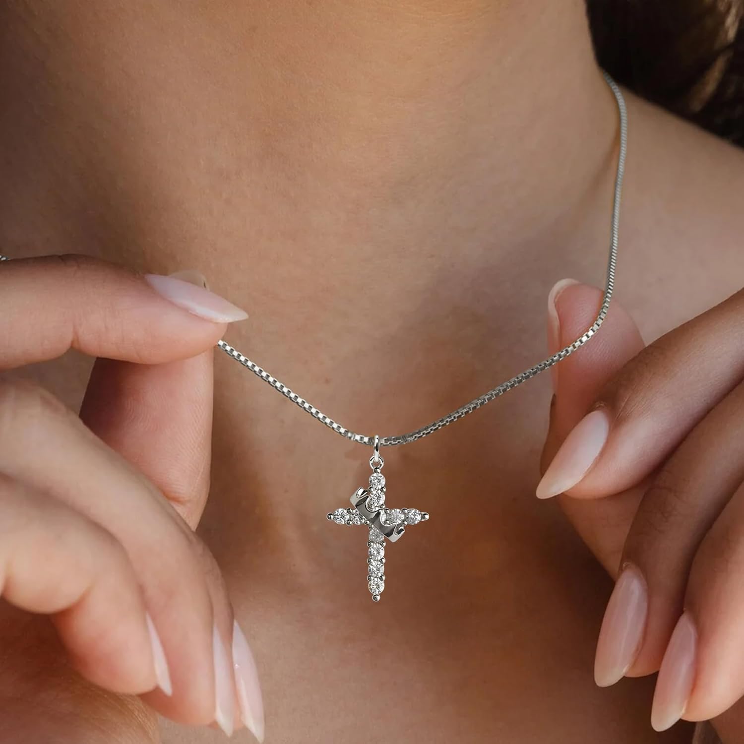 Crown Cross Necklace for Women, 14K Gold Silver Cubic Zirconia Crown Cross Necklace, Diamond Gold Silver Cross Necklaces, Dainty Cross Faith Simple Trendy Charm Jewelry Gift for Women - Image 3
