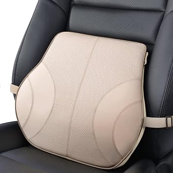 Aukee Lumbar Support Pillow for Car, Genuine Leather Memory Foam Pillow Cushion Lower Back Cushion for Car and Office Chair with Adjustable Strap Beige