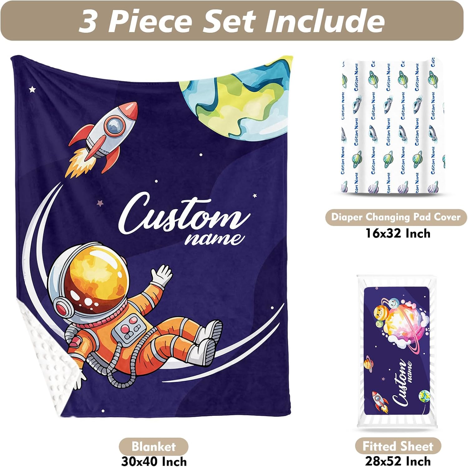 Personalized Baby Crib Bedding Set – Astronaut Rocket Pattern Nursery Bedding Sets 3 Piece with Custom Name Blanket, Fitted Crib Sheet & Changing Pad Cover – Ideal Newborn Gift for Boys