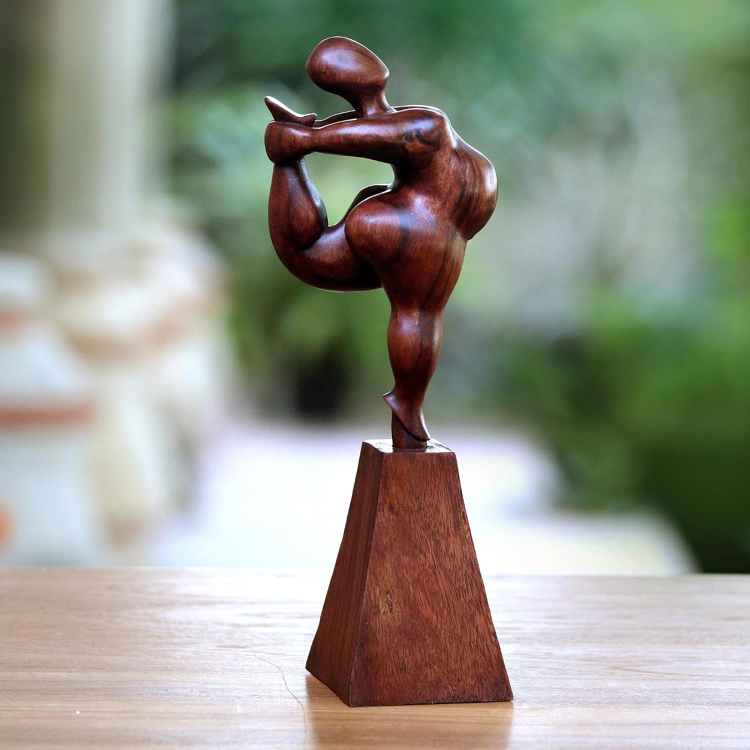 NOVICA Artisan Handcarved Wood Sculpture Suar Female Form from Bali Brown Indonesia People Portraits Yoga [14.5in H x 4.7in W x 5.5in D] ' Leg Stretch'