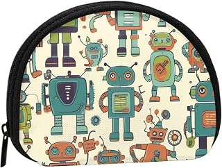 Cute Cartoon Robots Mini Coin Purse Pouch Change Holder, Shell Shape Zip Around Wallet,Credit Card Holder for Women