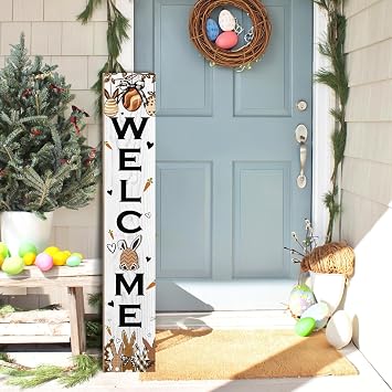 Easter Welcome Sign for Front Door, 47 Tall Happy Easter Bunny Wooden Porch Sign for Patio, Rabbit Eggs Standing Vertical Door Signs Spring Rustic Yard Signs Seasonal Outdoor Signs for Garden